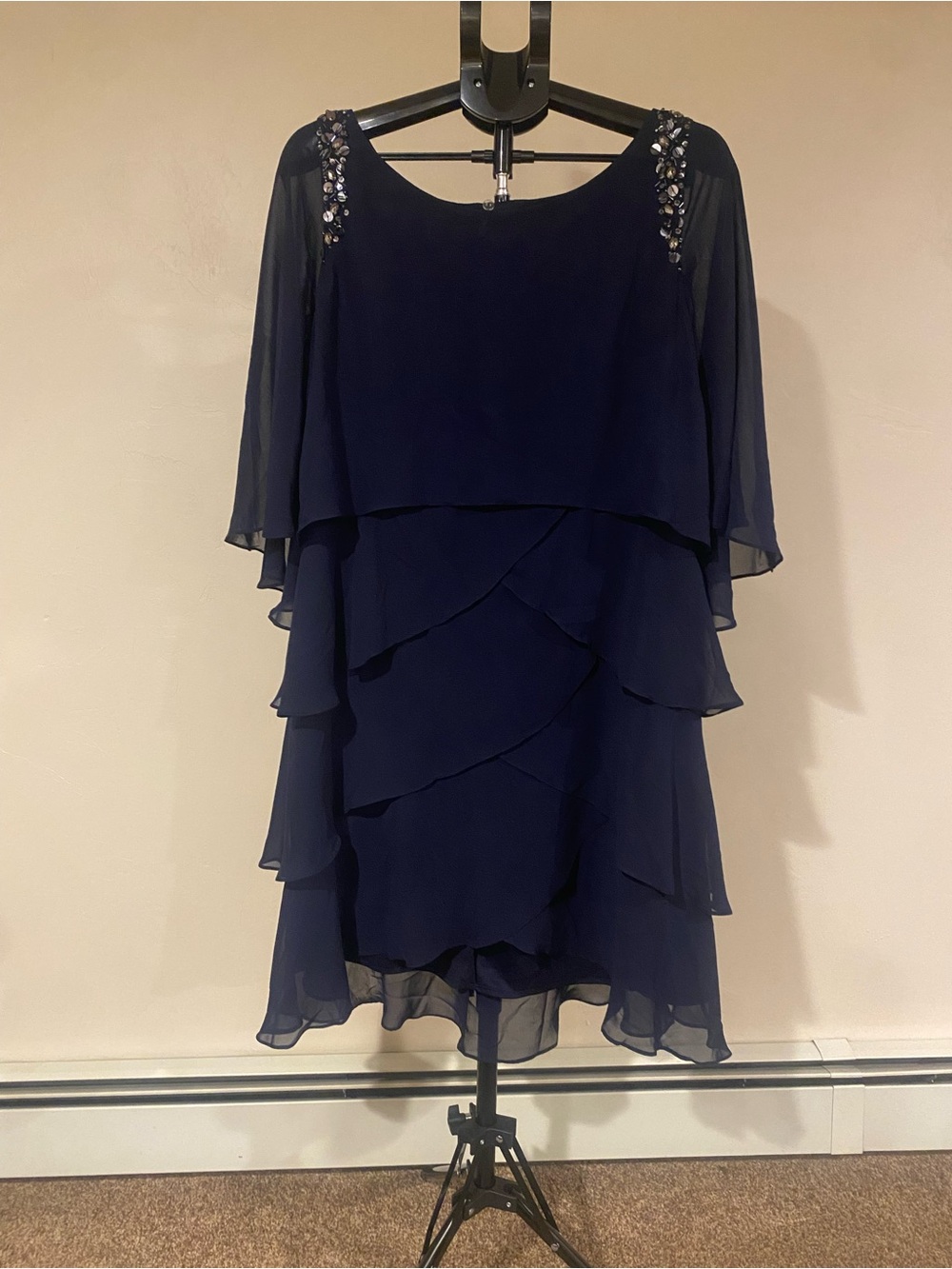 SLNY Navy Layered Chiffon Midi Dress with Embellished Shoulders